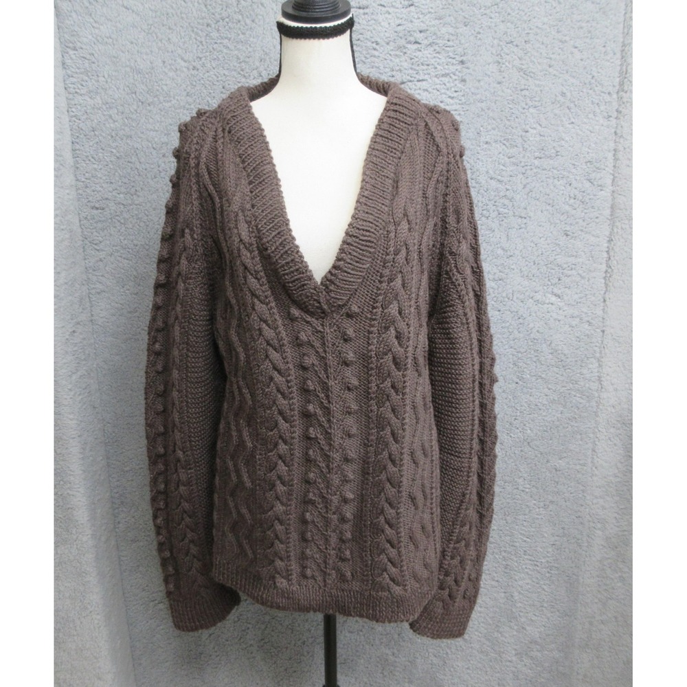 Chunky Cable Knit Sweater Womens Large Brown Deep V Neck Heavyweight Pullover